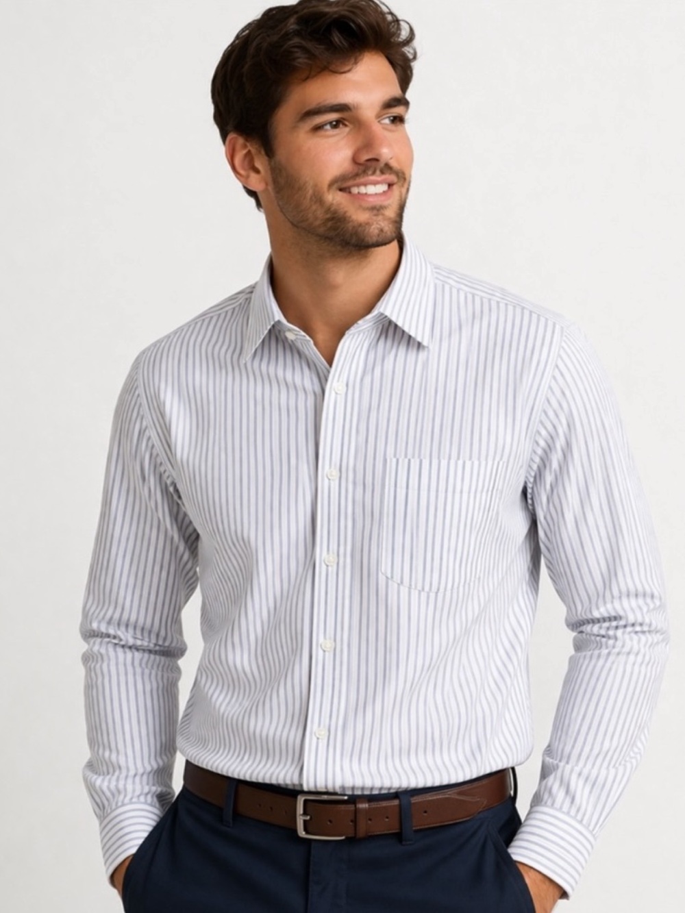 Chaps Men’s Blue White Striped Dress Shirt Easy Care 16-16½ 32-33